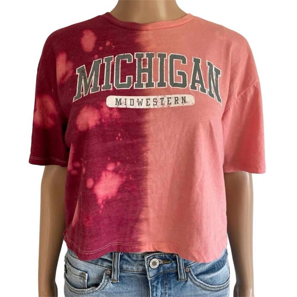 Michigan Pink Tie Dye Crewneck Short Sleeve Relaxed Fit Casual Graphic Tee Shirt